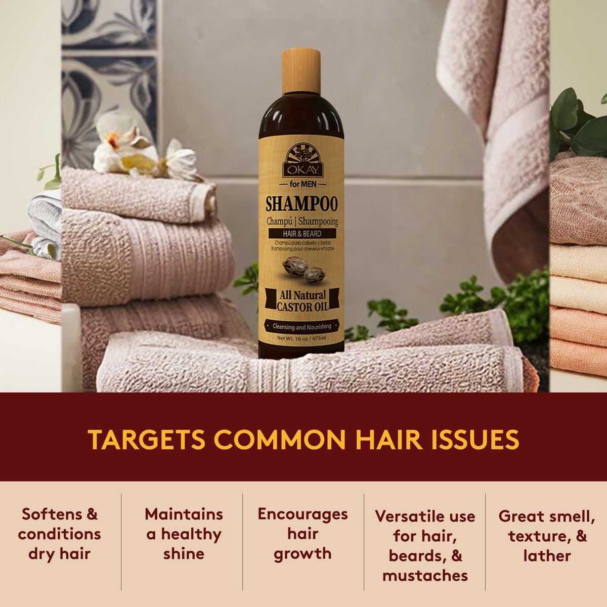 OKAY for Men Castor Oil Hair & Beard Shampoo - Hydrating Shampoo for Healthy Hair & Beard Growth, Moisturizing Care, Strengthen & Restore Damage, Natural, Sulfate-Free - 16 Oz (Pack of 2) - görsel 11