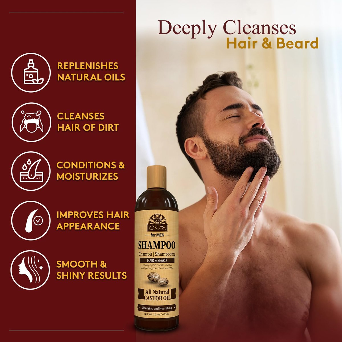 OKAY for Men Castor Oil Hair & Beard Shampoo - Hydrating Shampoo for Healthy Hair & Beard Growth, Moisturizing Care, Strengthen & Restore Damage, Natural, Sulfate-Free - 16 Oz (Pack of 2) - görsel 3