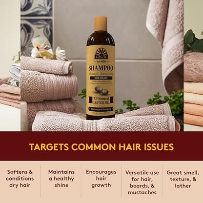 OKAY for Men Castor Oil Hair & Beard Shampoo - Hydrating Shampoo for Healthy Hair & Beard Growth, Moisturizing Care, Strengthen & Restore Damage, Natural, Sulfate-Free - 16 Oz (Pack of 2)