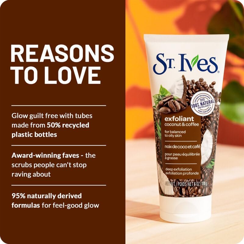 St. Ives Energizing Coconut & Coffee Facial Scrub 2-Pack - Deep Exfoliant for Fresh, Glowing Skin, 6 oz Each Avelisse
