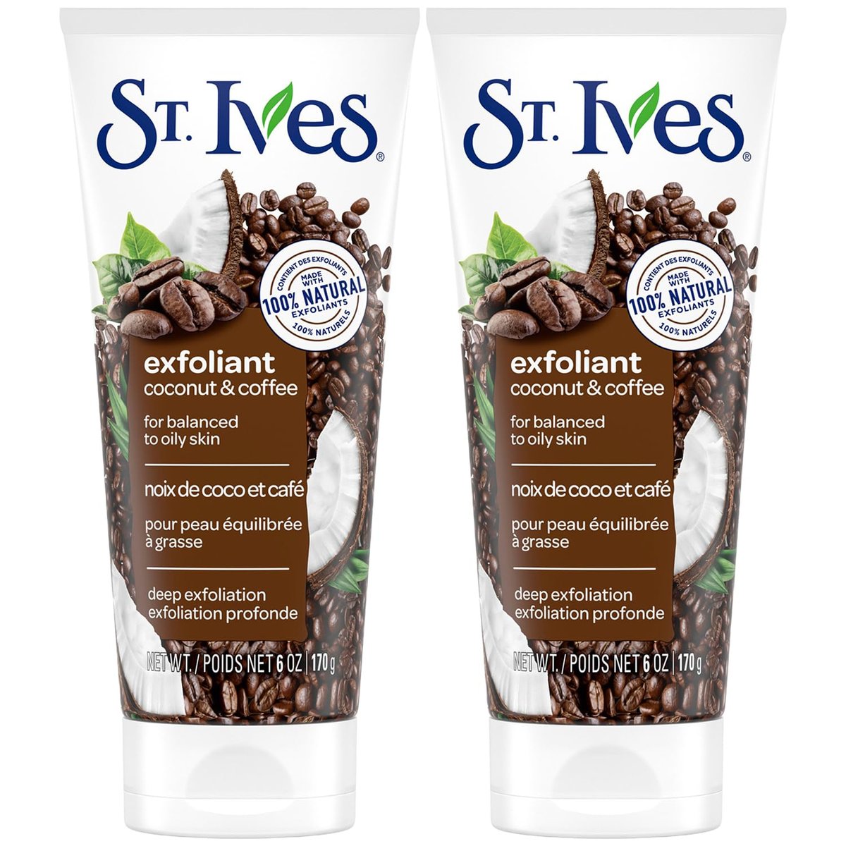 St. Ives Energizing Coconut & Coffee Facial Scrub 2-Pack - Deep Exfoliant for Fresh, Glowing Skin, 6 oz Each Avelisse
