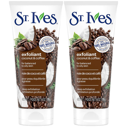St. Ives Energizing Coconut & Coffee Facial Scrub 2-Pack - Deep Exfoliant for Fresh, Glowing Skin, 6 oz Each Avelisse