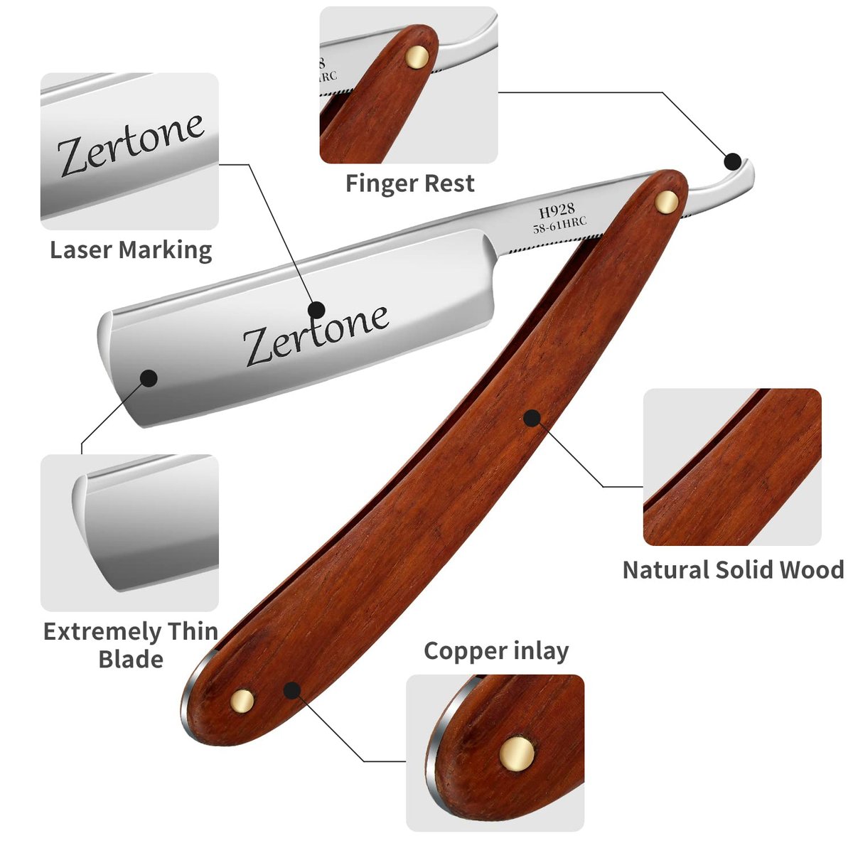 Zertone Straight Razor for Men Kit with Strop - Natural Wood Scale, High Hardness Carbon Steel Cutthroat Razor Shaving Kit, Vintage Wood Handle Avelisse