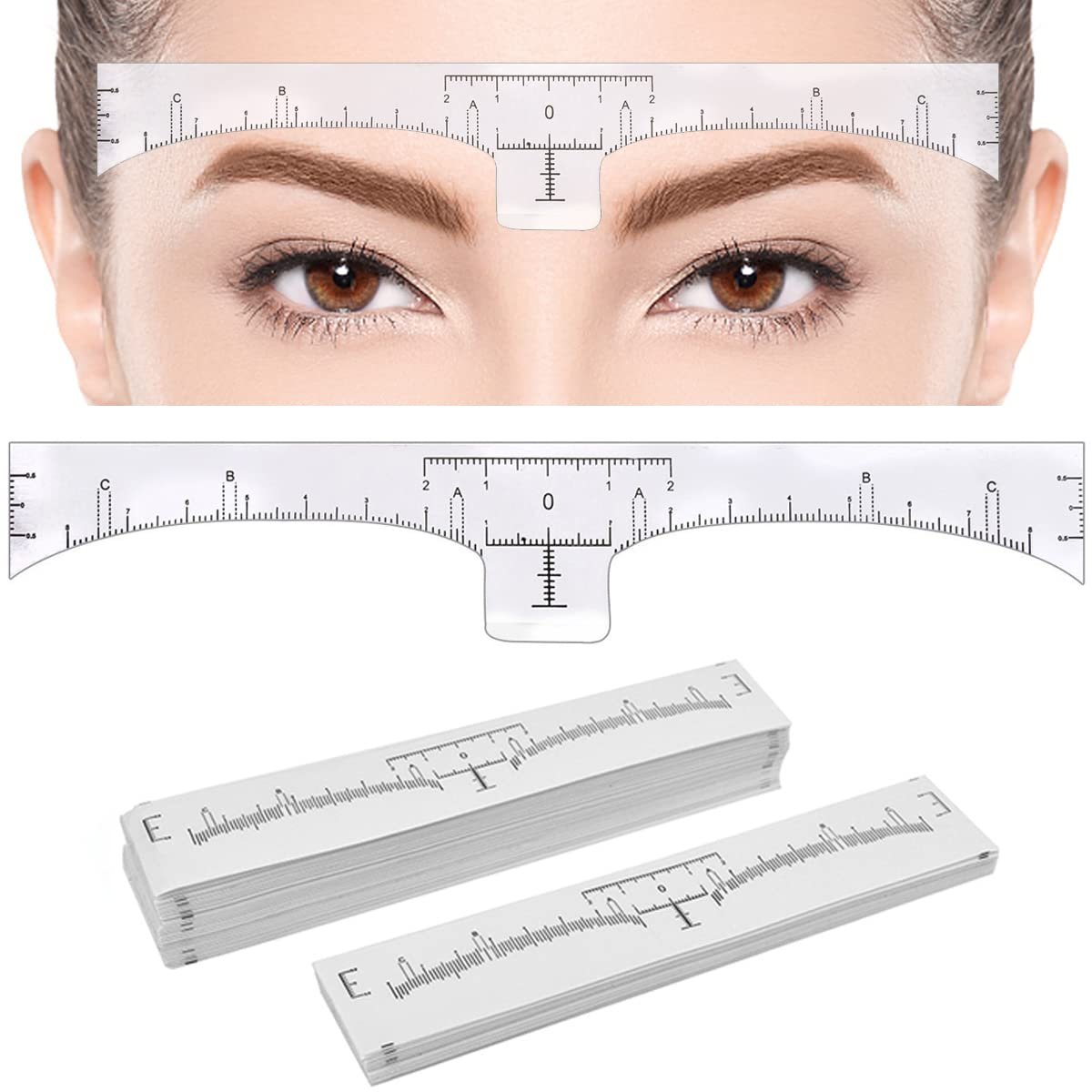 KINGMAS 100 Pack Disposable Eyebrow Rulers, Microblading Adhesive Brow Stickers & Stencil Guide Measuring Tool - görsel 1