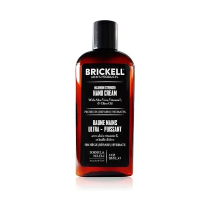 Brickell Men's Maximum Strength Hand Cream for Men – Natural & Organic Fast-Absorbing Hand Lotion with Vitamin E, Shea Butter, and Jojoba, 4 oz (Unscented)