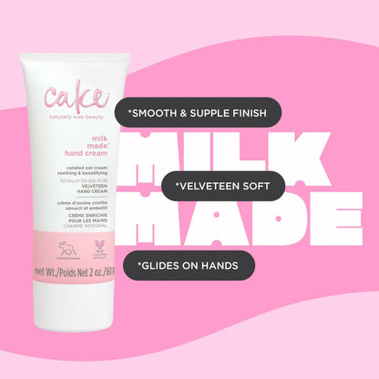 Cake Beauty Velveteen Hand Cream, Milk Made - Soothing & Lightweight Hand Cream with Oat Extract, Marshmallow Root & Shea Butter - Travel Size 60 ml