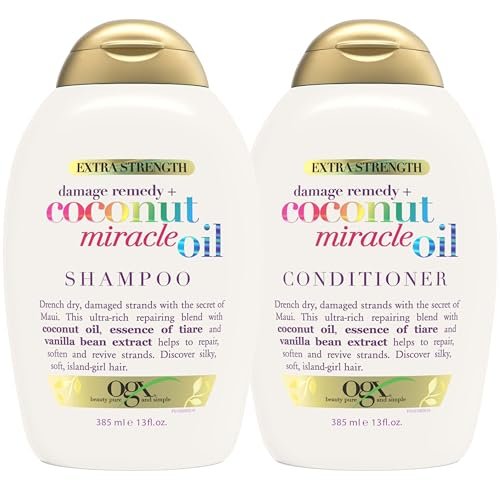 OGX Extra Strength Damage Remedy + Coconut Miracle Oil Shampoo & Conditioner Set for Dry, Frizzy or Coarse Hair - Paraben-Free & Sulfate-Free - 13 Fl Oz (Pack of 2) Avelisse