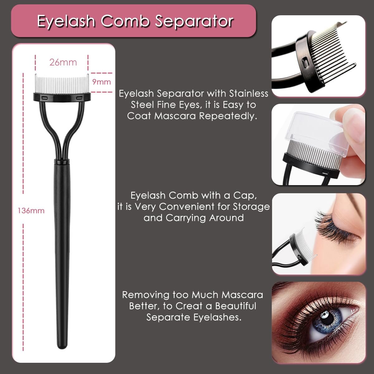 KINGMAS 5-Piece Eyebrow Brush & Eyelash Separator Set - Steel Mascara Comb, Lash Spoolie, Eyeliner Brush & Brow Comb - Professional Eye Makeup Tools (Black, Nylon) - görsel 5