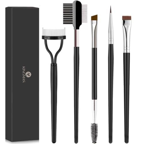 KINGMAS 5-Piece Eyebrow Brush & Eyelash Separator Set - Steel Mascara Comb, Lash Spoolie, Eyeliner Brush & Brow Comb - Professional Eye Makeup Tools (Black, Nylon) - görsel 2