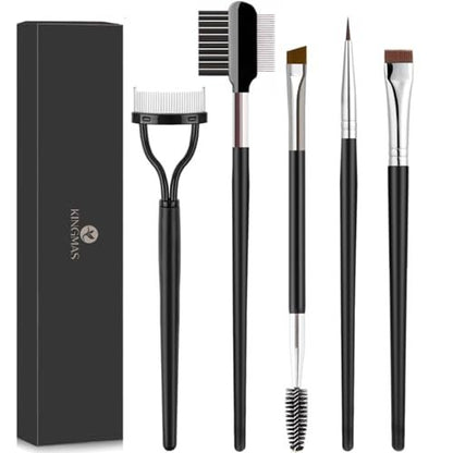 KINGMAS 5-Piece Eyebrow Brush & Eyelash Separator Set - Steel Mascara Comb, Lash Spoolie, Eyeliner Brush & Brow Comb - Professional Eye Makeup Tools (Black, Nylon)