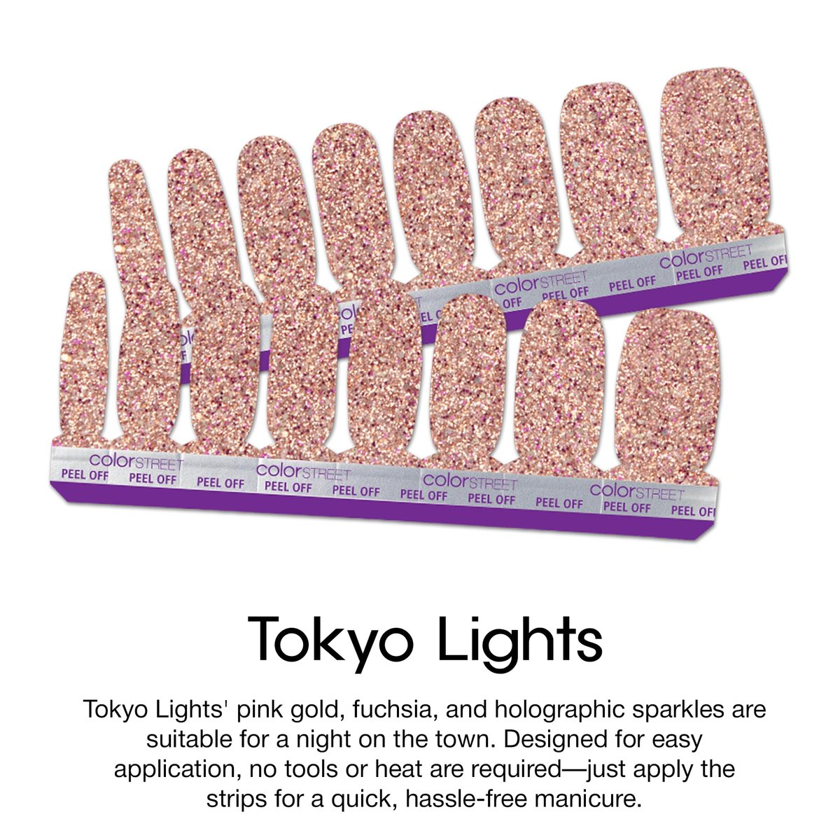 Color Street Tokyo Lights Nail Strips - Glitter Finish with Pink, Gold, Fuchsia & Holographic Sparkle - 16 Double-Ended Nail Polish Strips for Easy Application Avelisse