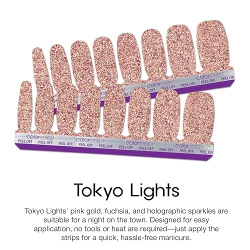 Color Street Tokyo Lights Nail Strips - Glitter Finish with Pink, Gold, Fuchsia & Holographic Sparkle - 16 Double-Ended Nail Polish Strips for Easy Application Avelisse