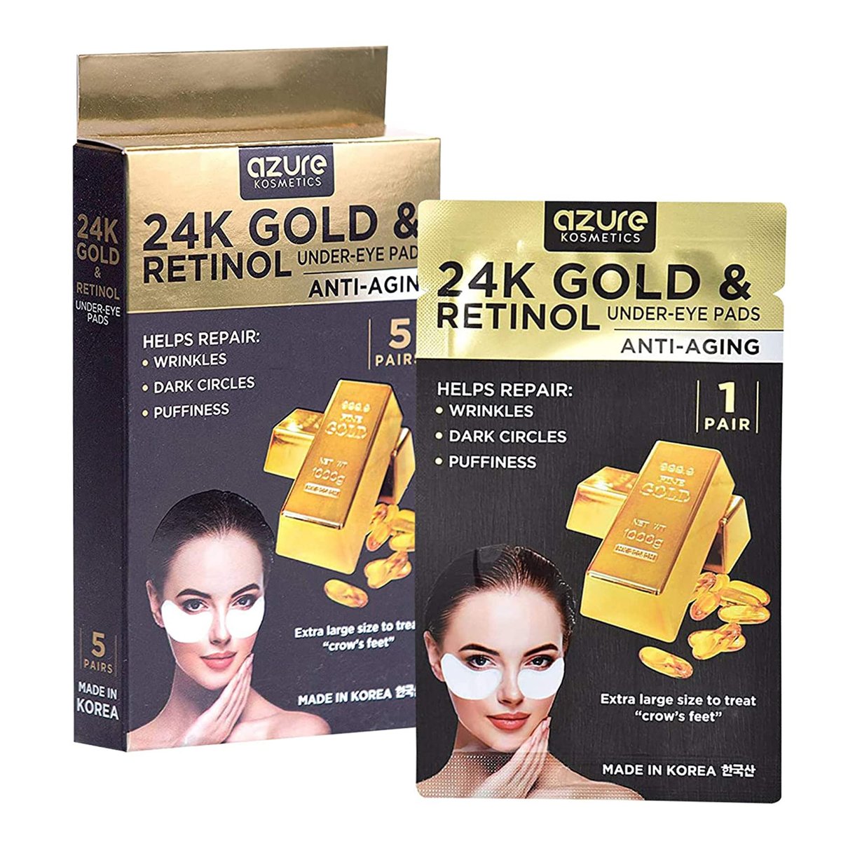 Azure Cosmetics 24K Gold & Retinol Anti Aging Under Eye Patches - Firming, Restoring & Hydrating Eye Mask for Fine Lines, Wrinkles, Dark Circles & Puffiness - Made in Korea (5 Pairs) - görsel 1