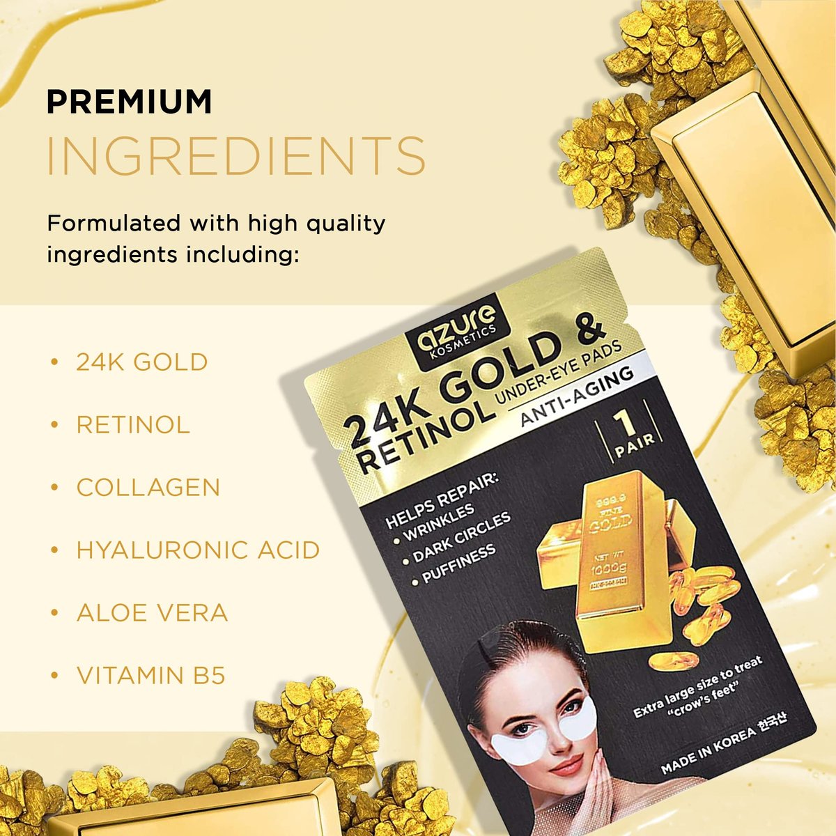 Azure Cosmetics 24K Gold & Retinol Anti Aging Under Eye Patches - Firming, Restoring & Hydrating Eye Mask for Fine Lines, Wrinkles, Dark Circles & Puffiness - Made in Korea (5 Pairs) - görsel 3