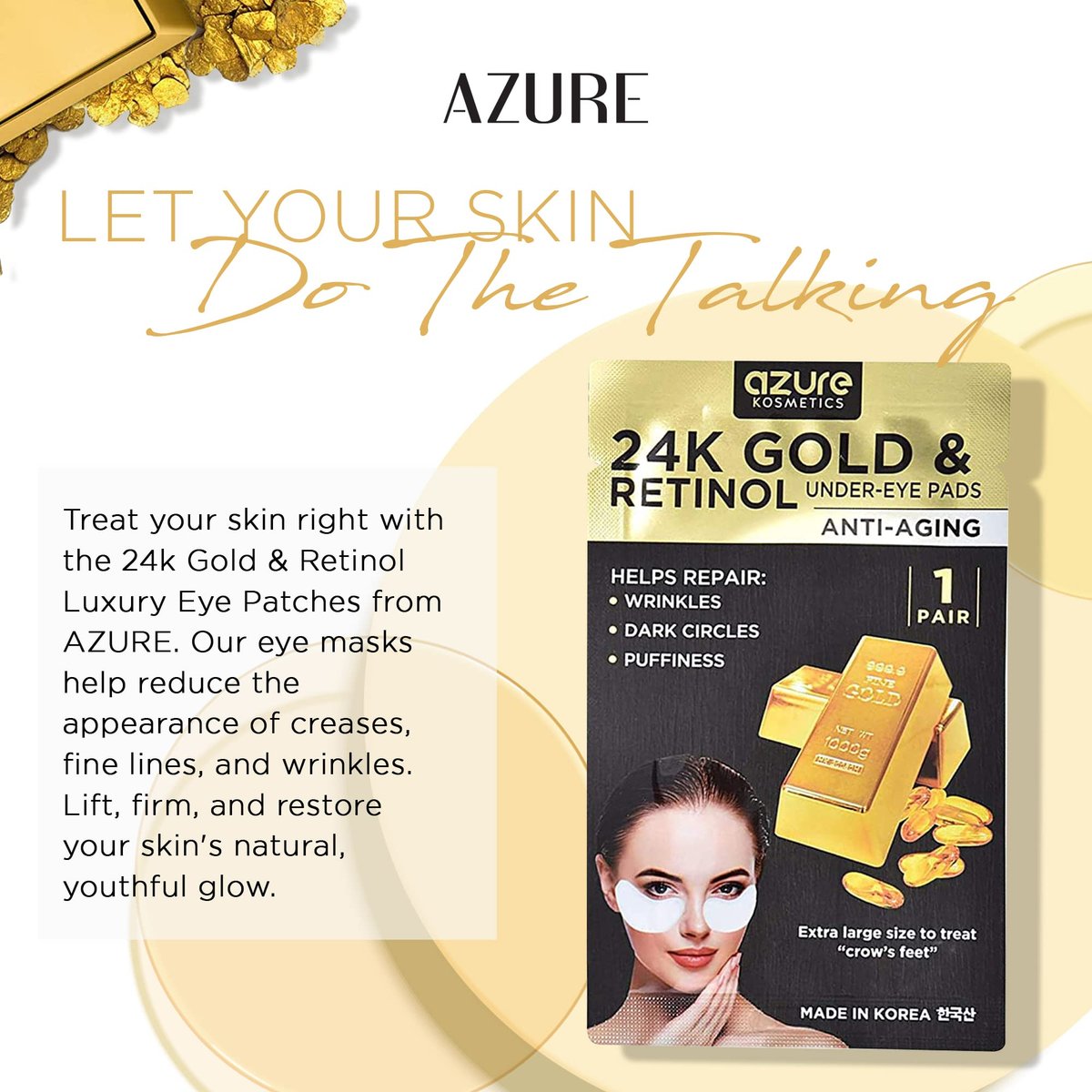 Azure Cosmetics 24K Gold & Retinol Anti Aging Under Eye Patches - Firming, Restoring & Hydrating Eye Mask for Fine Lines, Wrinkles, Dark Circles & Puffiness - Made in Korea (5 Pairs) - görsel 5