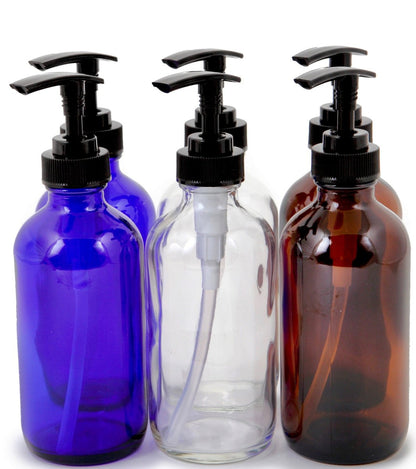 Vivaplex 8 oz Glass Bottles with Black Lotion Pumps - Set of 6, Assorted Colors