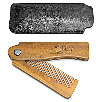 Folding Beard Comb with Carrying Pouch for Men – All Natural Wooden Beard Comb in Gift Box – Green Sandalwood Comb for Grooming & Combing Hair, Beards and Mustaches by Viking Revolution