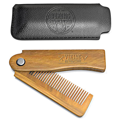 Folding Beard Comb with Carrying Pouch for Men – All Natural Wooden Beard Comb in Gift Box – Green Sandalwood Comb for Grooming & Combing Hair, Beards and Mustaches by Viking Revolution