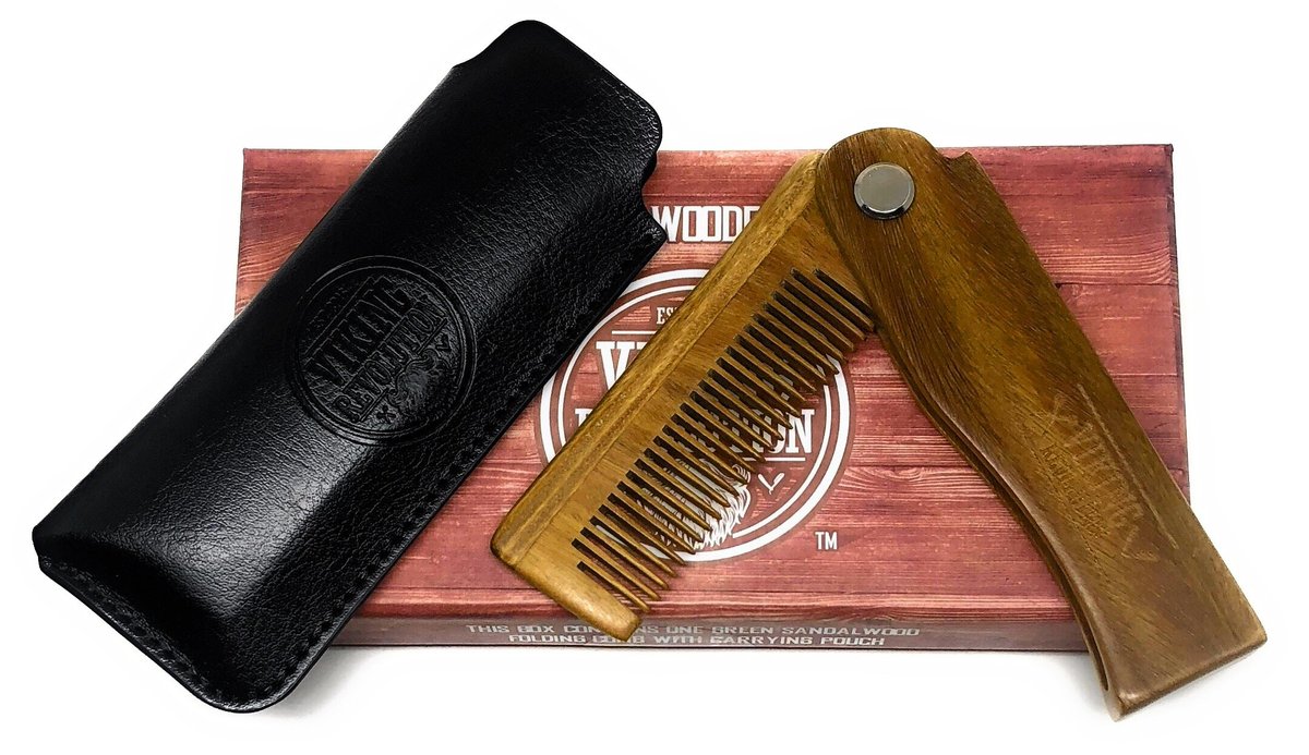 Folding Beard Comb with Carrying Pouch for Men – All Natural Wooden Beard Comb in Gift Box – Green Sandalwood Comb for Grooming & Combing Hair, Beards and Mustaches by Viking Revolution - görsel 12