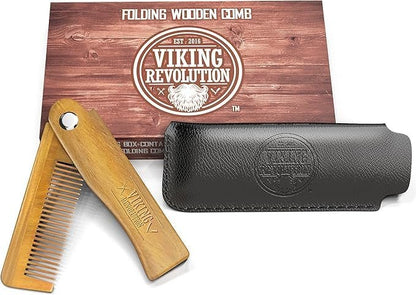 Folding Beard Comb with Carrying Pouch for Men – All Natural Wooden Beard Comb in Gift Box – Green Sandalwood Comb for Grooming & Combing Hair, Beards and Mustaches by Viking Revolution