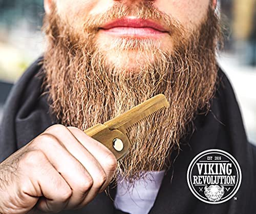 Folding Beard Comb with Carrying Pouch for Men – All Natural Wooden Beard Comb in Gift Box – Green Sandalwood Comb for Grooming & Combing Hair, Beards and Mustaches by Viking Revolution - görsel 4