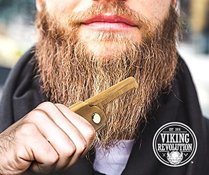 Folding Beard Comb with Carrying Pouch for Men – All Natural Wooden Beard Comb in Gift Box – Green Sandalwood Comb for Grooming & Combing Hair, Beards and Mustaches by Viking Revolution