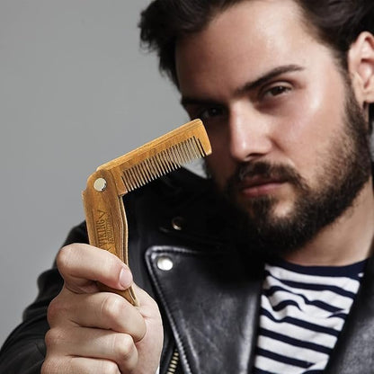 Folding Beard Comb with Carrying Pouch for Men – All Natural Wooden Beard Comb in Gift Box – Green Sandalwood Comb for Grooming & Combing Hair, Beards and Mustaches by Viking Revolution