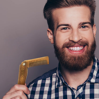 Folding Beard Comb with Carrying Pouch for Men – All Natural Wooden Beard Comb in Gift Box – Green Sandalwood Comb for Grooming & Combing Hair, Beards and Mustaches by Viking Revolution