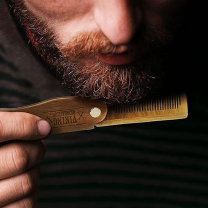 Folding Beard Comb with Carrying Pouch for Men – All Natural Wooden Beard Comb in Gift Box – Green Sandalwood Comb for Grooming & Combing Hair, Beards and Mustaches by Viking Revolution