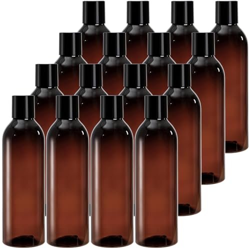 Bekith 16 Pack 8 oz Amber Plastic Bottles with Disc Top Flip Cap – BPA-Free Refillable Containers for Shampoo, Lotions, Soap, Creams Avelisse