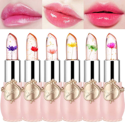 Pack of 6 Crystal Flower Jelly Lipstick – Long Lasting, Color Changing Lip Balm & Moisturizer – Perfect for Women, Birthday, Mother's Day, Graduation Gifts