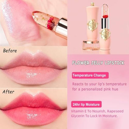 Pack of 6 Crystal Flower Jelly Lipstick – Long Lasting, Color Changing Lip Balm & Moisturizer – Perfect for Women, Birthday, Mother's Day, Graduation Gifts