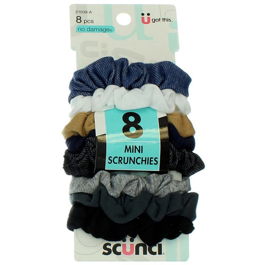 Scunci Effortless Beauty Mini Scrunchies No-Damage Assorted Denim-Colors Hair Elastics, 8 Count