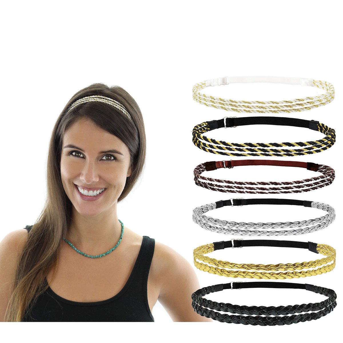 Beaute Galleria 6-Pack Adjustable Braided Headbands – Double Braided & Triple Strand Twisted Elastic Women's Hair Accessories, Boho Hippie Style - görsel 1