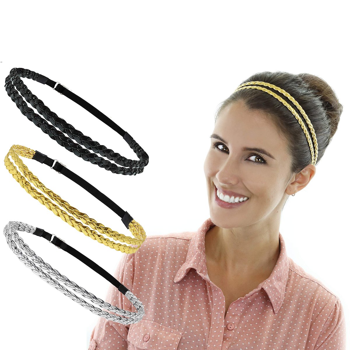 Beaute Galleria 6-Pack Adjustable Braided Headbands – Double Braided & Triple Strand Twisted Elastic Women's Hair Accessories, Boho Hippie Style - görsel 9