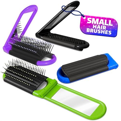 4 Pack Folding Travel Hair Brush with Built-in Mirror and Massage Comb – Compact Plastic & Nylon Bristle Brushes for Women, 4.25 Inches, 4 Colors - görsel 2