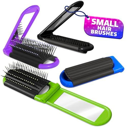 4 Pack Folding Travel Hair Brush with Built-in Mirror and Massage Comb – Compact Plastic & Nylon Bristle Brushes for Women, 4.25 Inches, 4 Colors