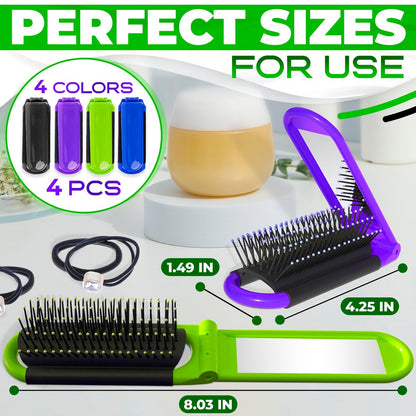 4 Pack Folding Travel Hair Brush with Built-in Mirror and Massage Comb – Compact Plastic & Nylon Bristle Brushes for Women, 4.25 Inches, 4 Colors