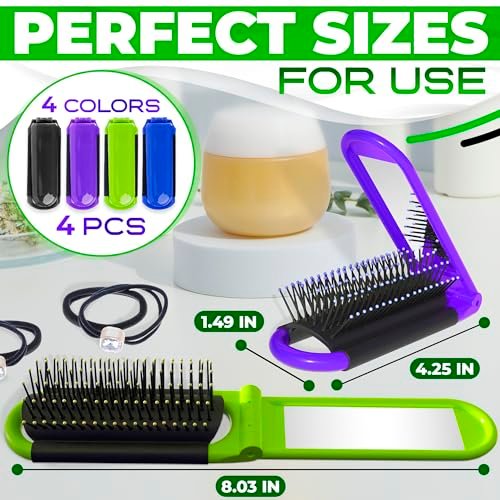 4 Pack Folding Travel Hair Brush with Built-in Mirror and Massage Comb – Compact Plastic & Nylon Bristle Brushes for Women, 4.25 Inches, 4 Colors - görsel 4