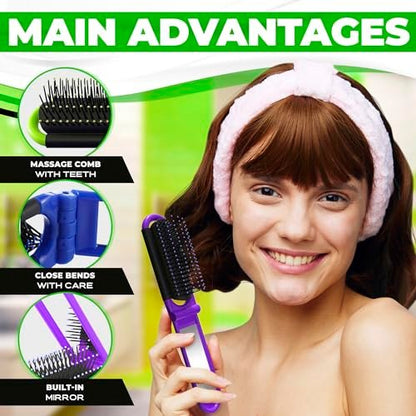 4 Pack Folding Travel Hair Brush with Built-in Mirror and Massage Comb – Compact Plastic & Nylon Bristle Brushes for Women, 4.25 Inches, 4 Colors