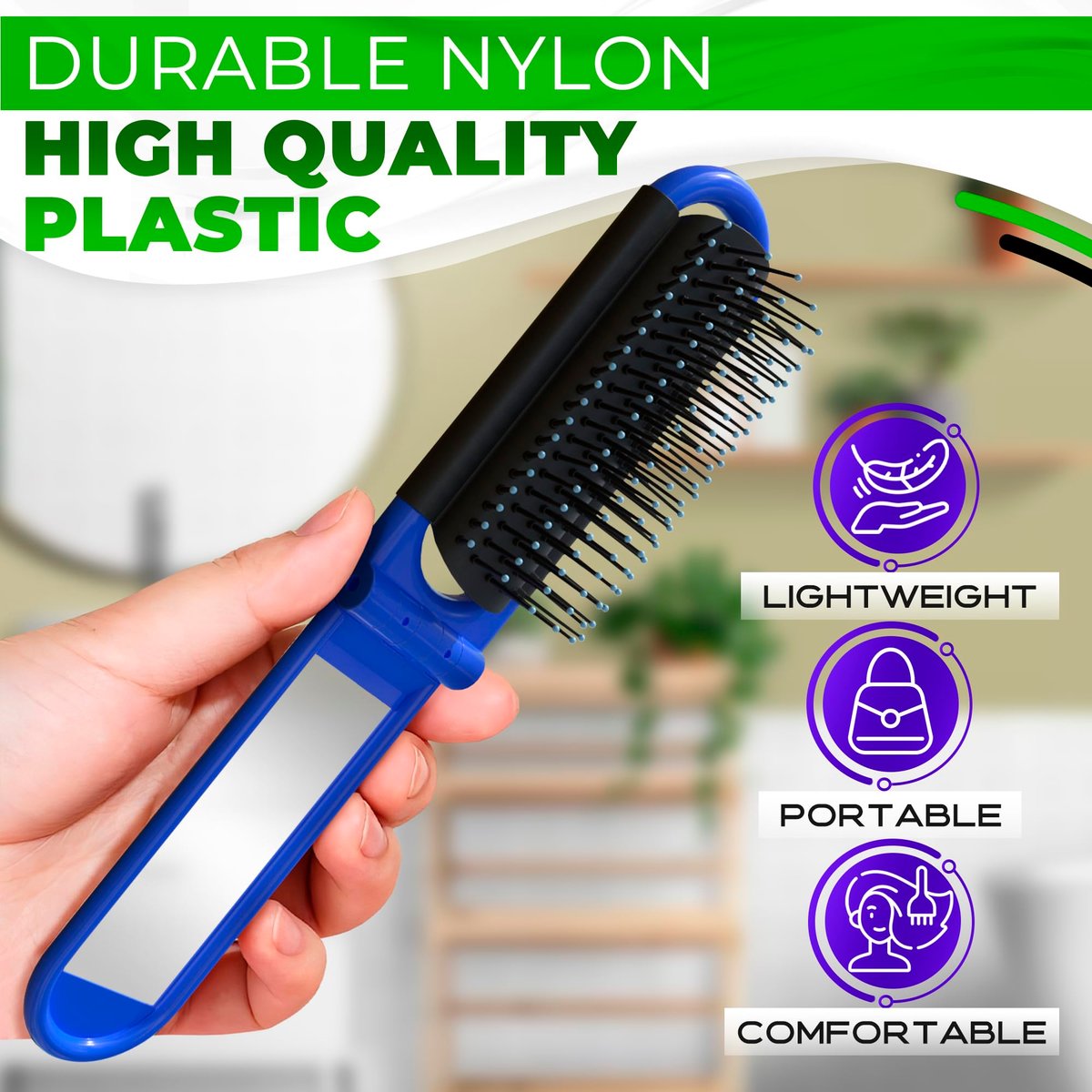 4 Pack Folding Travel Hair Brush with Built-in Mirror and Massage Comb – Compact Plastic & Nylon Bristle Brushes for Women, 4.25 Inches, 4 Colors - görsel 5