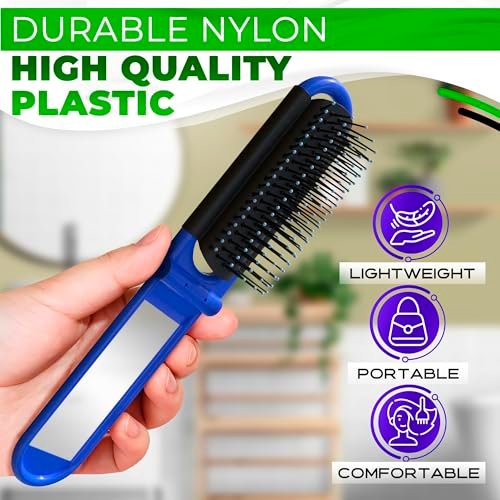 4 Pack Folding Travel Hair Brush with Built-in Mirror and Massage Comb – Compact Plastic & Nylon Bristle Brushes for Women, 4.25 Inches, 4 Colors - görsel 6