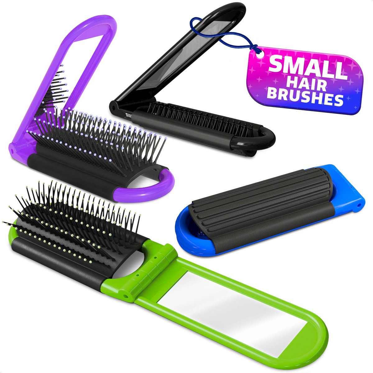 4 Pack Folding Travel Hair Brush with Built-in Mirror and Massage Comb – Compact Plastic & Nylon Bristle Brushes for Women, 4.25 Inches, 4 Colors - görsel 1