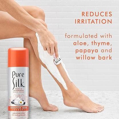 Pure Silk Sensitive Skin Shaving Cream for Women - Aloe, Papaya & Willow Bark Infused, Smooth Glide Formula, Rust-Proof Can, USA Made, 7.25 oz (Pack of 6) Avelisse