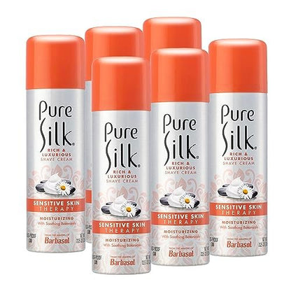 Pure Silk Sensitive Skin Shaving Cream for Women - Aloe, Papaya & Willow Bark Infused, Smooth Glide Formula, Rust-Proof Can, USA Made, 7.25 oz (Pack of 6) Avelisse