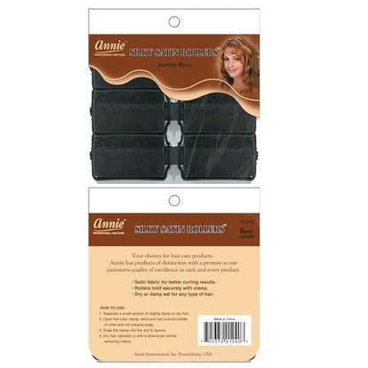 Annie Silky Satin Jumbo Hair Rollers - 6 Pack Black Foam Sponge Curlers for Heatless Curls - Soft Sleep Styler Pillow Rollers for All Hair Types, Prevents Breakage & Frizz (1.5 Inch Diameter)