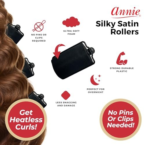 Annie Silky Satin Jumbo Hair Rollers - 6 Pack Black Foam Sponge Curlers for Heatless Curls - Soft Sleep Styler Pillow Rollers for All Hair Types, Prevents Breakage & Frizz (1.5 Inch Diameter) - görsel 6