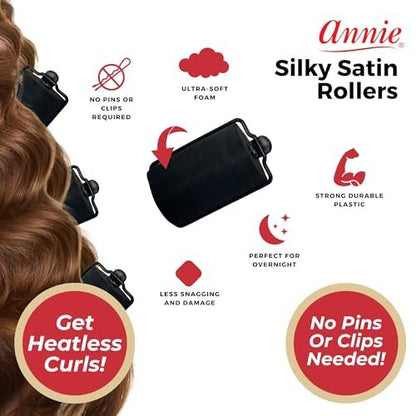 Annie Silky Satin Jumbo Hair Rollers - 6 Pack Black Foam Sponge Curlers for Heatless Curls - Soft Sleep Styler Pillow Rollers for All Hair Types, Prevents Breakage & Frizz (1.5 Inch Diameter)