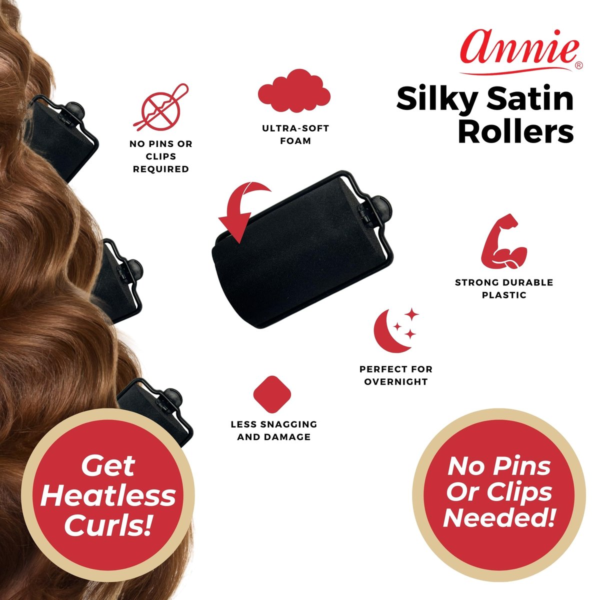 Annie Silky Satin Jumbo Hair Rollers - 6 Pack Black Foam Sponge Curlers for Heatless Curls - Soft Sleep Styler Pillow Rollers for All Hair Types, Prevents Breakage & Frizz (1.5 Inch Diameter) - görsel 5