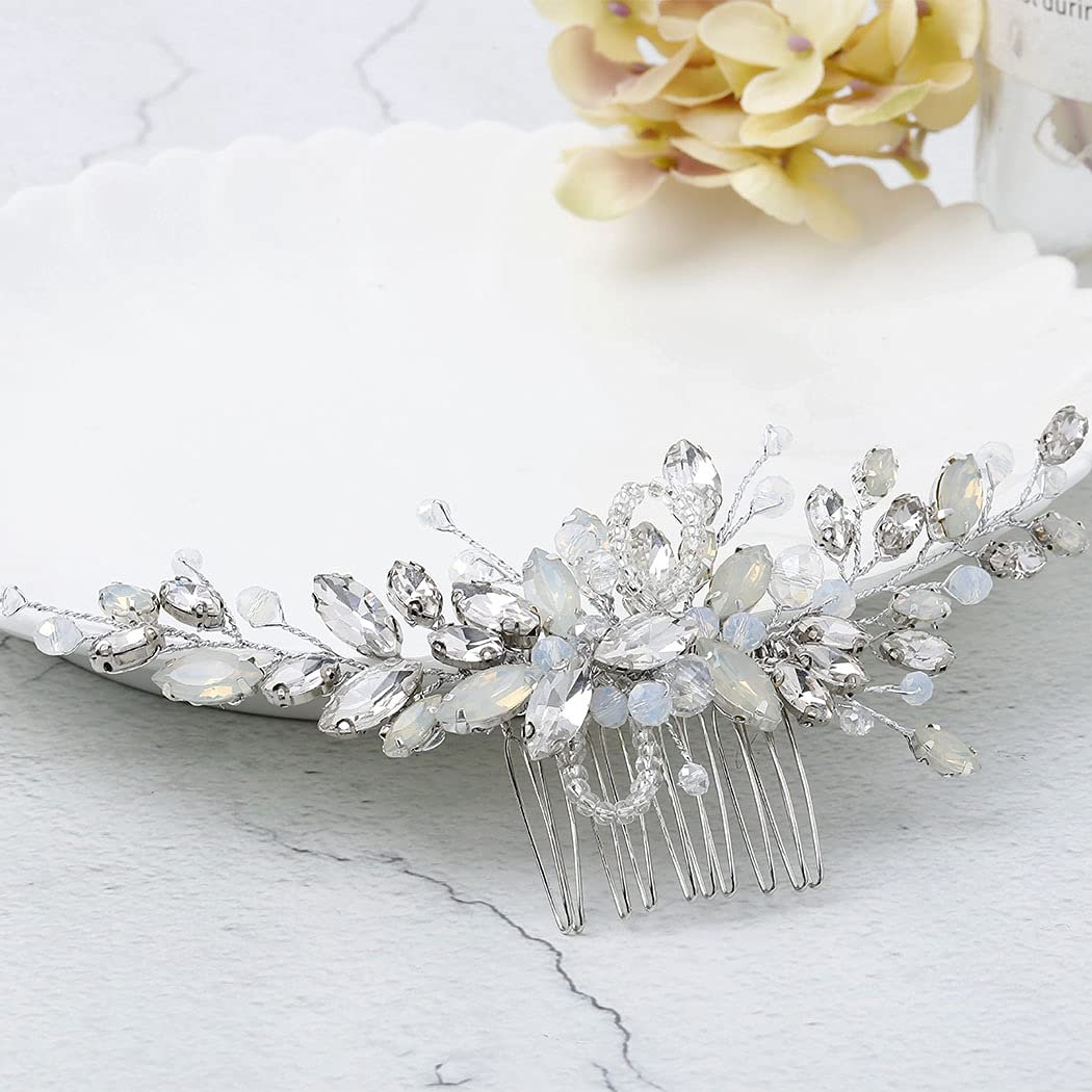 Yean Silver Rhinestone Opal Crystal Vintage Wedding Hair Comb - Bridal Hair Clip for Brides and Bridesmaids Avelisse